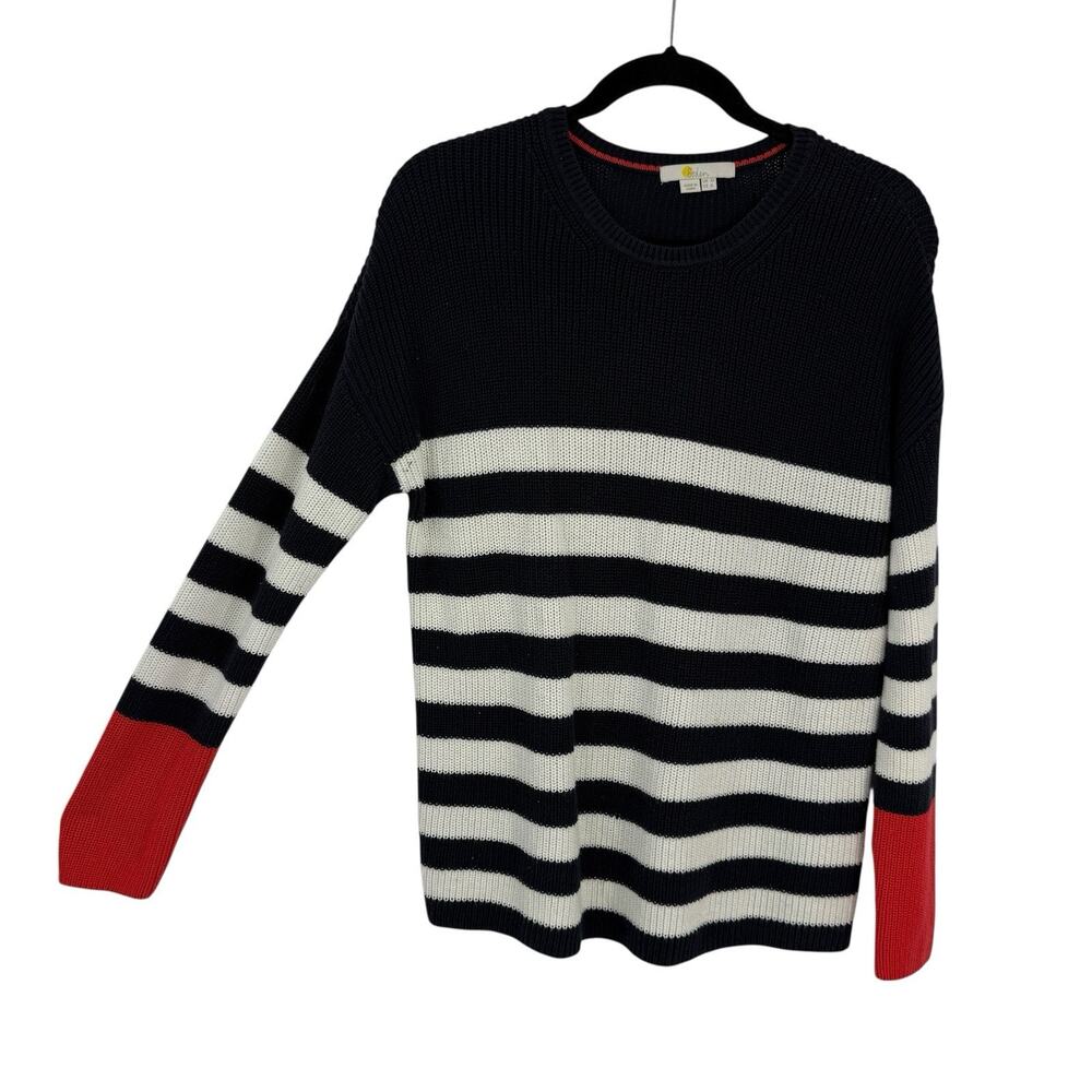 Boden Cotton Ribbed Crewneck Sweater Size 6 Blue Striped Red Cuffs Pullover Prep